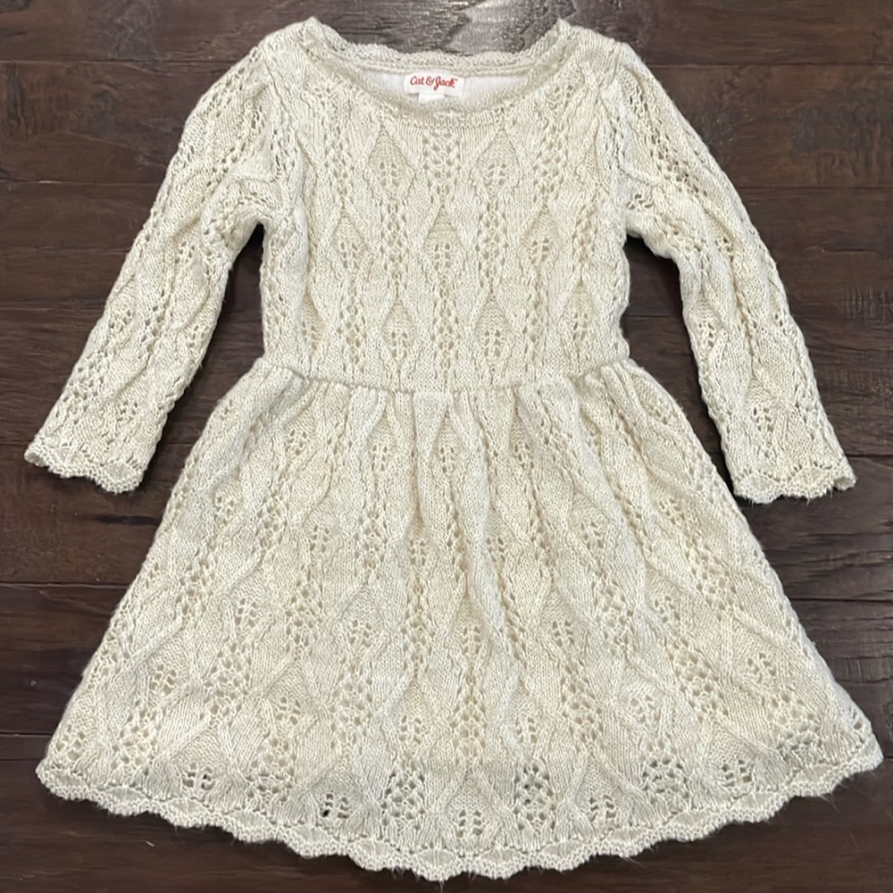 Cat & Jack Cream Gold Winter Christmas Sweater Dress Girls 2T